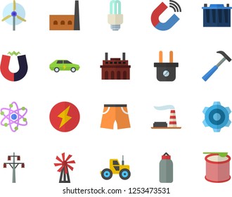 Color flat icon set cogwheel flat vector, hammer, windmill, tractor, factory, accumulator, plug socket, power line support, manufactory, plant, electric cars, magnet, atom, energy saving lamp fector