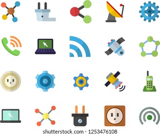 Color flat icon set cogwheel flat vector, sockets, socket, plug, satellite antenna, molecules, phone call, telephone, laptop, molecule, satellit, broadcast