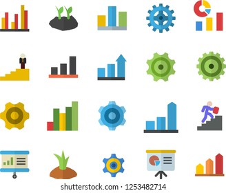Color flat icon set cogwheel flat vector, planting plants, chart, statistics, statistic, career ladder, presentaition board, achievement