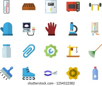 Color flat icon set cogwheel flat vector, switch box, repair, putty knife, brick, boiler, potholder, microwave, glass jar, thermometer, secateurs, rake, gloves, crane, ultrasound, clip, microscope