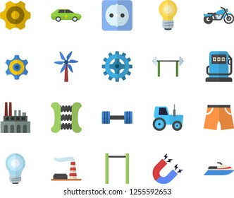 Color flat icon set cogwheel flat vector, sockets, windmill, tractor, refueling, factory, plant, electric cars, bulb, magnet, dumbbell, barbell, carpal expander, parallel bars, athletic shorts
