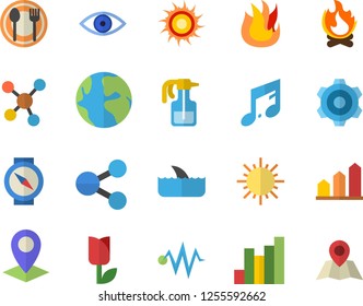 Color flat icon set cogwheel flat vector, fire, table setting, pulverizer, tulip, sun, bonfire, location, earth, chart, molecules, eye, electric discharge fector, achievement, shark, compass, note