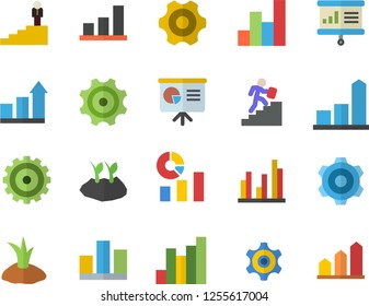 Color flat icon set cogwheel flat vector, planting plants, chart, statistics, statistic, career ladder, presentaition board, achievement