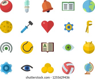 Color flat icon set cogwheel flat vector, tool, meat hammer, energy saving lamp, heart, eye, moon, bowling ball, volleyball, tennis, fitball, pills, earth fector, bell, broadcast, book, globe