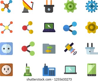 Color flat icon set cogwheel flat vector, sockets, plug socket, satellite antenna, molecules, telephone, laptop, molecule, satellit, share, file sharing, mobile