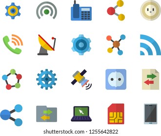 Color flat icon set cogwheel flat vector, sockets, socket, satellite antenna, SIM card, molecules, phone call, telephone, laptop, satellit, share, broadcast, file sharing, mobile