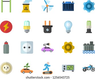 Color flat icon set cogwheel flat vector, energy saving lamp, accumulator, socket, plug, hydroelectric power station, eco cars, electric, bulb, nuclear plant, oscilloscope, lightning, windmill