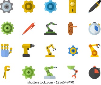 Color flat icon set cogwheel flat vector, tool, drill screwdriver, door lock, robotics, pen, robot hand, industrial, stopwatch