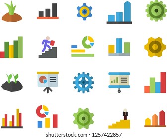 Color flat icon set cogwheel flat vector, planting plants, chart, statistics, statistic, career ladder, presentaition board, achievement