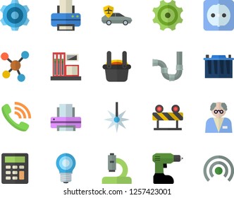 Color flat icon set cogwheel flat vector, drill screwdriver, pipes, sockets, barrier, gas station, accumulator, lamp, autopilot, laser, metallurgy, phone call, microscope, molecules, calculator