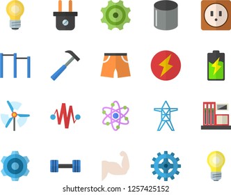 Color flat icon set cogwheel flat vector, sockets, hammer, battery, gas station, plug socket, power line support, pipe production, atom, bulb, lightning, windmill, electric discharge fector, muscles