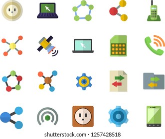 Color flat icon set cogwheel flat vector, sockets, socket, SIM card, molecules, phone call, telephone, laptop, molecule, satellit, share, broadcast, file sharing, mobile