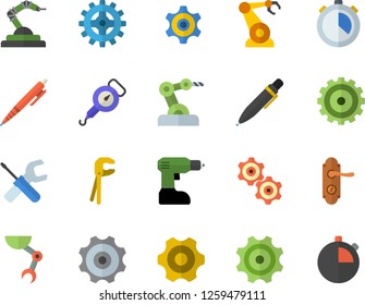 Color flat icon set cogwheel flat vector, tool, drill screwdriver, door lock, spring balance, robotics, pen, robot hand, industrial, stopwatch