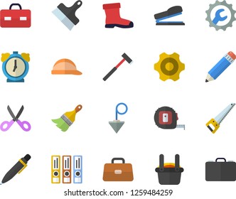 Color flat icon set cogwheel flat vector, saw, tape measure, paint brush, hard hat, repair, putty knife, construction plummet, ax, scissors, gumboots, metallurgy, briefcase, pencil, pen, stapler