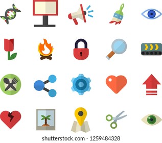 Color flat icon set cogwheel flat vector, paint brush, tulip, bonfire, conveyor, billboard, location, molecules, mouthpiece, heart, eye, magnifier, dna, table setting fector, photo, scissors, upload