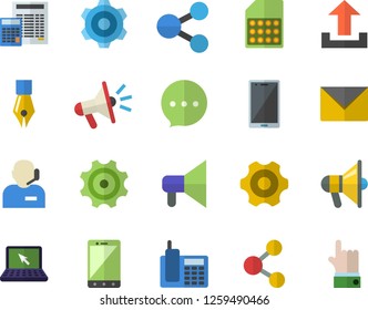 Color flat icon set cogwheel flat vector, calculator, SIM card, molecules, mouthpiece, ink pen, telephone, phone operator, laptop, share, upload, envelope, mobile, chat, indicate