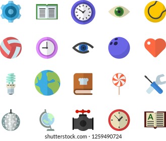 Color flat icon set cogwheel flat vector, tool, cookbook, lollipop, main pipeline, energy saving lamp, earth, clock, heart, globe, bowling ball, volleyball, tennis, disco fector, eye, book