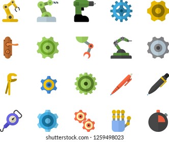 Color flat icon set cogwheel flat vector, tool, drill screwdriver, door lock, spring balance, robotics, pen, robot hand, industrial, stopwatch