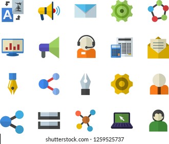Color flat icon set cogwheel flat vector, calculator, person, molecules, telephone operator, computer chart, ink pen, paper tray, laptop, mail, mouthpiece fector, share, translate, message, user