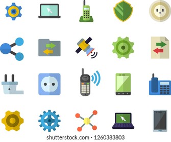 Color flat icon set cogwheel flat vector, sockets, socket, plug, molecules, phone call, telephone, laptop, molecule, satellit, security fector, file sharing, mobile