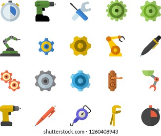 Color flat icon set cogwheel flat vector, tool, drill screwdriver, door lock, spring balance, robotics, pen, robot hand, stopwatch