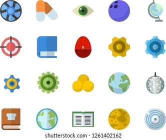 Color flat icon set cogwheel flat vector, kitchen egg timer, cookbook, ventilation, earth, target, book, moon, globe, bowling ball, pills, fector, disco, eye