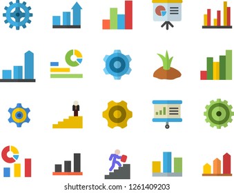 Color flat icon set cogwheel flat vector, planting plants, chart, statistics, statistic, career ladder, presentaition board, achievement