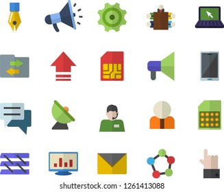 Color flat icon set cogwheel flat vector, satellite antenna, SIM card, person, telephone operator, mouthpiece, chat, molecules, computer chart, ink pen, meeting, paper tray, laptop, upload, envelope