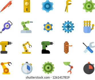 Color flat icon set cogwheel flat vector, tool, drill screwdriver, door lock, spring balance, robotics, pen, robot hand, industrial, stopwatch