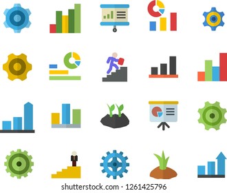 Color flat icon set cogwheel flat vector, planting plants, chart, statistics, statistic, career ladder, presentaition board, achievement