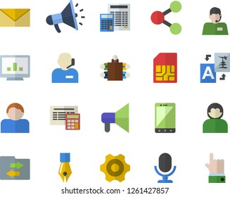 Color flat icon set cogwheel flat vector, calculator, SIM card, molecules, telephone operator, mouthpiece, computer chart, ink pen, phone, meeting, file sharing, translate, envelope, microphone