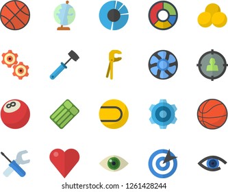 Color flat icon set cogwheel flat vector, tool, meat hammer, ventilation, target audience, heart, clircle diagram, globe, bowling ball, basketball, tennis, pills, inflatable mattress fector, eye