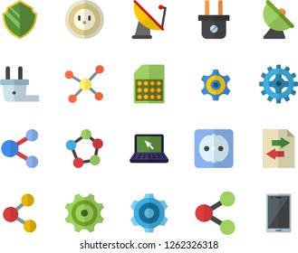 Color flat icon set cogwheel flat vector, sockets, socket, plug, satellite antenna, SIM card, molecules, laptop, molecule, security fector, share, file sharing, mobile