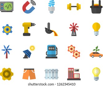 Color flat icon set cogwheel flat vector, drill screwdriver, heating batteries, windmill, solar battery, gas station, refueling, lamp, eco cars, magnet, metallurgy, energy saving fector, dumbbell