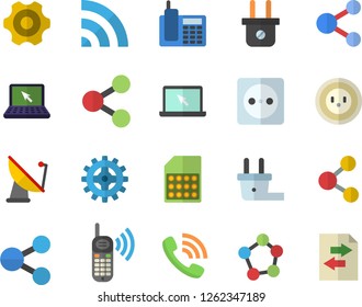 Color flat icon set cogwheel flat vector, socket, plug, satellite antenna, SIM card, molecules, phone call, telephone, laptop, share, broadcast, file sharing