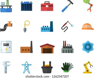 Color flat icon set cogwheel flat vector, tool bag, hard hat, switch box, construction plummet, hammer, gloves, oil production platform, main pipeline, accumulator, power line support, manufactory