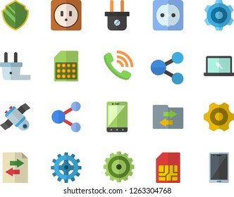Color flat icon set cogwheel flat vector, sockets, plug socket, SIM card, molecules, phone call, laptop, satellit, security fector, share, file sharing, mobile