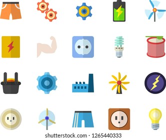 Color flat icon set cogwheel flat vector, sockets, switch box, battery, windmill, socket, manufactory, energy saving lamp, metallurgy, lightning, muscles, athletic shorts, steroids