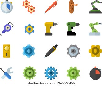 Color flat icon set cogwheel flat vector, tool, drill screwdriver, door lock, spring balance, robotics, pen, industrial robot, stopwatch