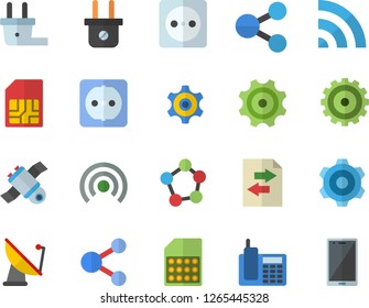 Color flat icon set cogwheel flat vector, sockets, socket, plug, satellite antenna, SIM card, molecules, telephone, satellit, share, broadcast, file sharing, mobile