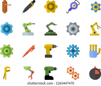 Color flat icon set cogwheel flat vector, tool, drill screwdriver, door lock, spring balance, robotics, pen, robot hand, industrial, stopwatch