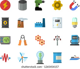 Color flat icon set cogwheel flat vector, drill screwdriver, energy saving lamp, switch box, refueling, oil tanks, power line support, manufactory, pipe production, idea, nuclear plant, oscilloscope