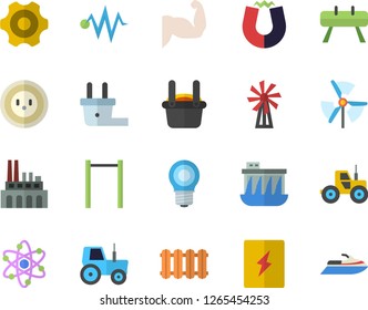Color flat icon set cogwheel flat vector, switch box, heating batteries, windmill, tractor, lamp, socket, plug, hydroelectric power station, plant, metallurgy, atom, magnet, muscles, parallel bars