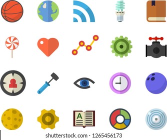 Color flat icon set cogwheel flat vector, meat hammer, lollipop, main pipeline, earth, energy saving lamp, target audience, scatter chart, heart, clock, clircle diagram, moon, textbook, bowling ball