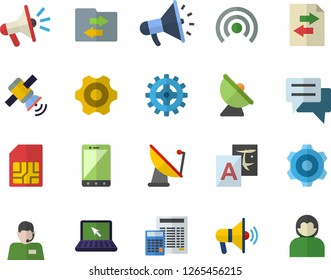 Color flat icon set cogwheel flat vector, calculator, satellite antenna, SIM card, telephone operator, mouthpiece, chat, laptop, satellit, fector, broadcast, file sharing, translate, mobile, user