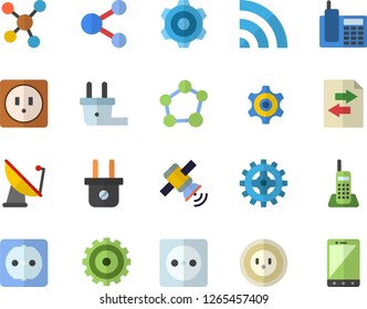 Color flat icon set cogwheel flat vector, sockets, socket, plug, satellite antenna, molecules, telephone, molecule, satellit, share, broadcast, file sharing, mobile