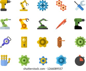 Color flat icon set cogwheel flat vector, tool, drill screwdriver, door lock, spring balance, robotics, pen, robot hand, industrial, stopwatch