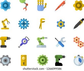 Color flat icon set cogwheel flat vector, tool, drill screwdriver, door lock, spring balance, pen, robot hand, industrial, stopwatch