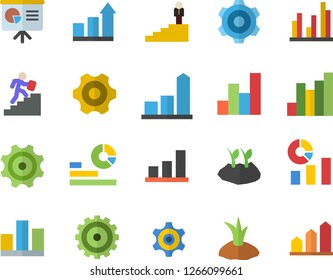 Color flat icon set cogwheel flat vector, planting plants, chart, statistics, statistic, career ladder, presentaition board, achievement