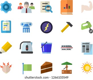 Color flat icon set cogwheel flat vector, hammer, cake, electric kettle, mixer, well, bucketful, graphic report, team, flag, news, book balance accounting, magnifier, pencil, lightning, brainstorm